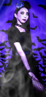 Gothic lady with bats on purple wallpaper.