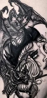 Gothic tattoo of a woman with bats in black and white design.