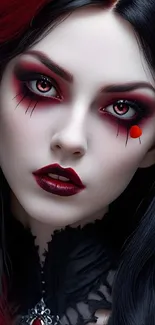 Gothic-themed female portrait with red eyes and dark ethereal beauty.