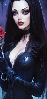 Gothic woman with a rose in dark attire.