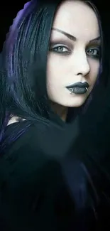 Gothic-themed wallpaper featuring a woman in dark makeup and a mysterious expression.