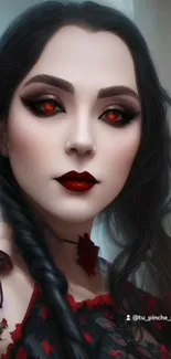 Gothic beauty wallpaper with red eyes and black hair.