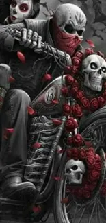 Gothic biker with skulls and red roses on motorcycle.