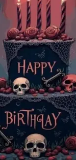 Gothic birthday cake with skulls and candles.