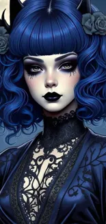 Gothic artwork of blue-haired figure with roses and dark attire