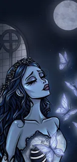 Gothic woman with butterflies under moonlight in dark blue hues.