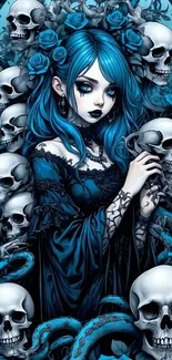 Gothic woman with blue roses in dark art.