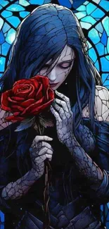 Gothic artwork featuring a blue stained glass and red rose.