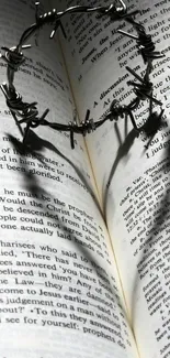 Gothic crown of thorns shadow on open book.