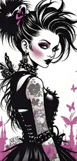 Gothic anime girl with tattoos and butterflies in pink and black theme.