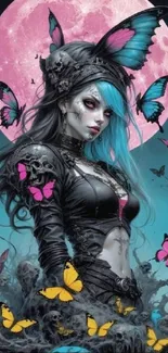 Gothic character with butterflies and pink moon fantasy art.