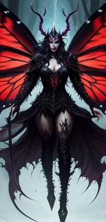 Gothic warrior with red butterfly wings in a dark forest setting.