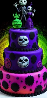 Gothic cake with skulls and vibrant colors on a black background.