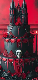 Gothic black and red cake with roses and skulls.