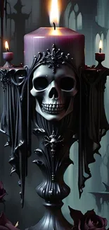 Gothic candle with skull design in dark theme.