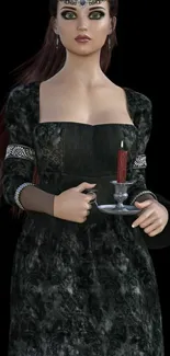 Gothic lady holding a candle in a dark-themed mobile wallpaper.