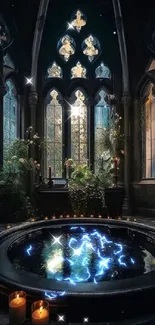 Gothic sanctuary with candles and a central pool illuminated by soft candlelight.