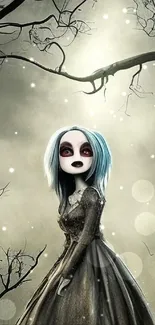 Gothic cartoon character in eerie forest wallpaper.