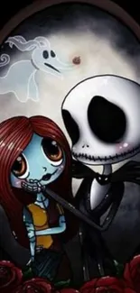 Cartoon gothic couple with ghost dog in a dark themed mobile wallpaper.