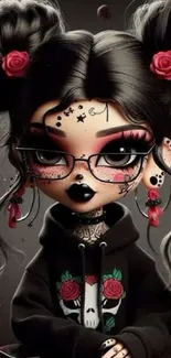 Gothic cartoon girl with tattoos and roses in black and red theme.