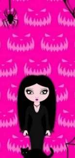 Gothic cartoon girl with black cat on pink background.