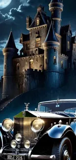 Gothic castle and classic car under moonlight.