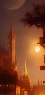 Gothic castle under a full moon, glowing in golden light at night.