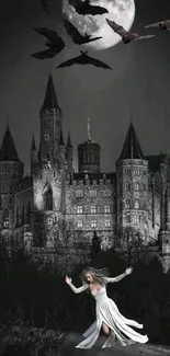 Gothic castle under a full moon with bats and a spectral woman.