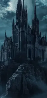 A Gothic castle under a mysterious, misty night sky.