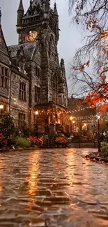 Gothic castle in autumn evening with glowing lights.