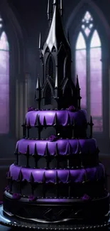 Gothic cake with a castle design and purple accents.