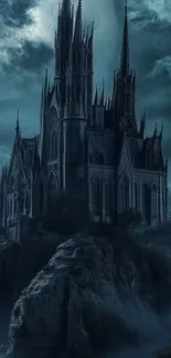 Gothic castle surrounded by mist and dark skies.