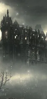 Gothic castle surrounded by misty, dark atmosphere.