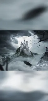 Gothic castle under a full moon with ravens and fog in a mystical, eerie scene.