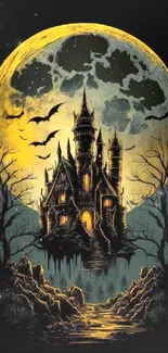 Gothic castle with bats and moon on mobile wallpaper.