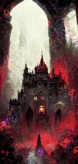 Gothic castle glowing red in night scene, dramatic and mysterious.