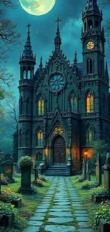Gothic castle under a glowing moonlit sky.