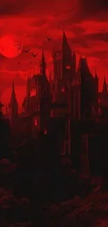 Gothic castle with a red moon backdrop.