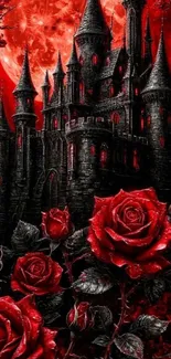 Gothic castle with red roses and moonlit sky.