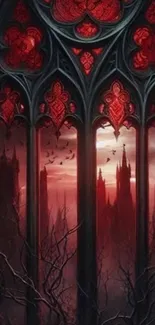 Gothic castle view through a stained glass window at sunset.