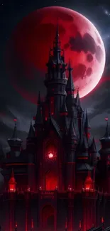 Gothic castle under a blood red moon at night.
