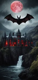 Gothic castle beneath a blood moon with bat silhouette, set in a misty landscape.