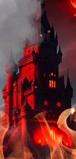 Gothic castle illuminated by a crimson moon.