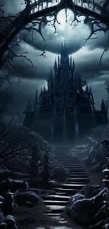Gothic castle shrouded in moonlight with eerie atmosphere.