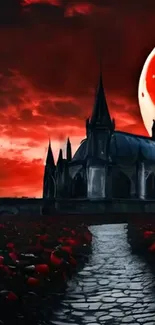 Gothic castle beneath a blood-red moon, with ominous sky and stone path.