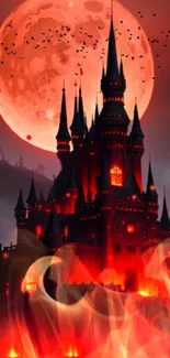 Gothic castle under a large red moon with bats flying around.