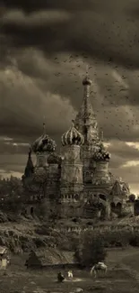 Sepia-toned Gothic castle under a dramatic sky, surrounded by nature.