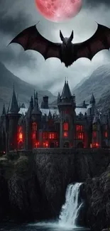 Gothic castle with bat and red moon in dark setting.