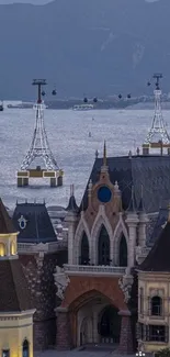 Majestic castle by the sea with mountain view.