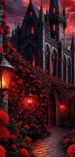 Gothic castle with red roses at night